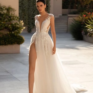 Custom Wedding Dress, A Line Wedding Dress With Deep V-neckline, Mesh Top Bridal Gown With Deep Right Slit, Open Back Bridal Dress With Lace