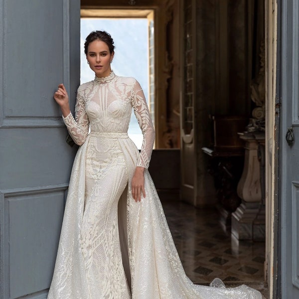 DANIELA, Unique Long Sleeve Wedding Dress, Handmade Modest Bridal Gown with Corset, Elegant Wedding Dress, Lace Wedding Dress with Overskirt