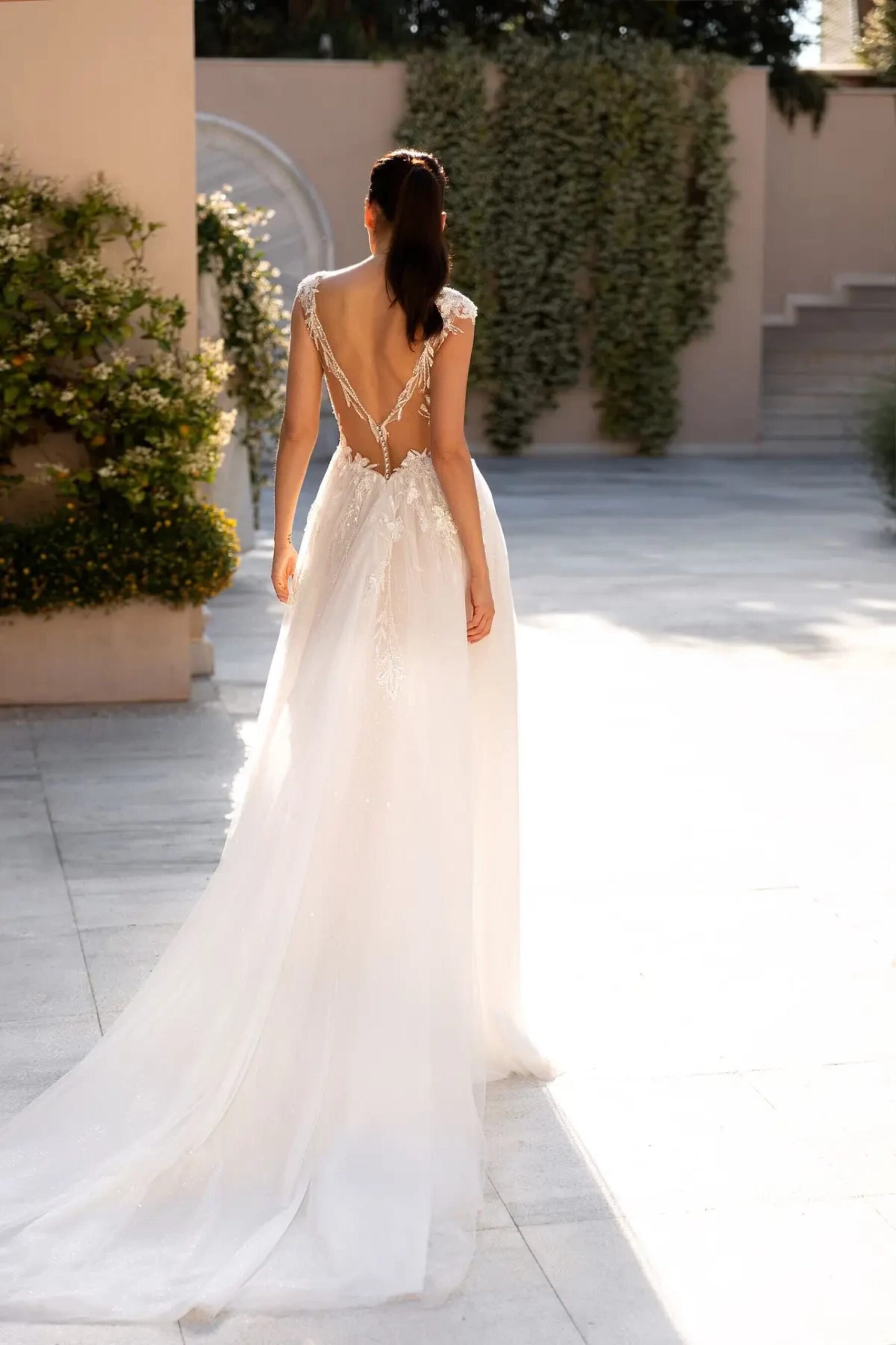 Custom Wedding Dress, A Line Wedding Dress With Deep V-neckline, Mesh ...