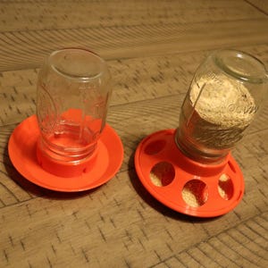 May include: Two clear glass jar chicken feeders with orange bases. One feeder is empty, and the other is partially filled with feed. The feeders are sitting on a wooden surface.