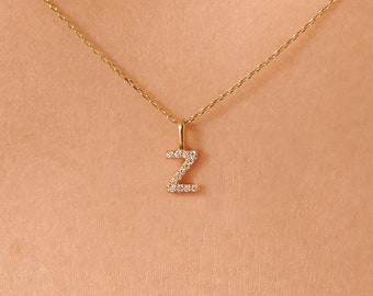 Solid 14K Z Pavé Pendant | Natural Diamond Embellished Letter Z | Dainty Name Alphabet Charm | Fine Jewelry | Sustainable Recycled Gold  |
