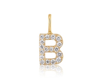 Solid 14K B Pavé Pendant | Natural Diamond Embellished Letter B | Dainty Name Alphabet Charm | Fine Jewelry | Sustainable Recycled Gold  |