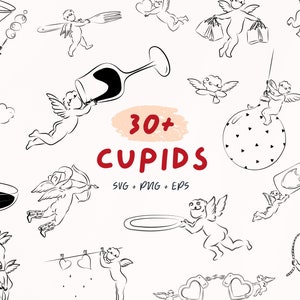 Hand Drawn Cherub Cupid SVG | 30+ Whimsical Love Baby Angel for Valentine, Wedding Invitation, Bachelorette Party Drawing Clipart Icon Canva