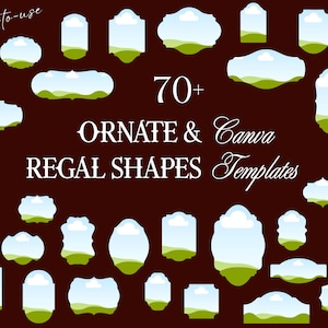May include: A collection of over 70 ornate and regal shape templates on a dark brown background. Each frame features a landscape graphic with a blue sky, white clouds, and green hills. The text reads Ready-to-use 70+ ORNATE & REGAL SHAPES Canva Templates.