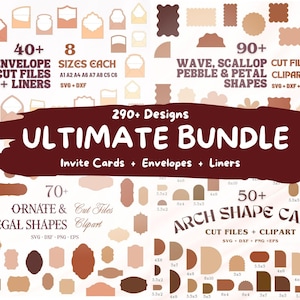 May include: A digital design bundle featuring over 290 cut files and clipart for invite cards, envelopes, and liners. The collection includes wave, scallop, pebble, petal, ornate, regal, and arch shapes in various shades of brown, tan, and cream.