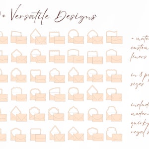 May include: A collection of 40+ envelope designs in light peach, featuring various flap shapes and matching customizable liners. The text reads: 40+ Versatile Designs, + matching customizable liners, in 8 popular sizes, including modern, quirky & regal styles.