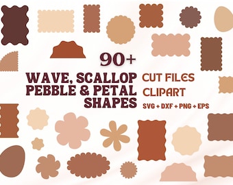May include: A collection of 90+ digital cut files featuring wave, scallop, pebble, and petal shapes in brown, beige, and peach colors. The files are available in SVG, DXF, PNG, and EPS formats.