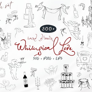 Whimsical Wedding SVG Clipart | 300+ Hand Drawn Wedding Illustrations, Icons, Doodles for Invitations, Menu, Template, Wavy Squiggle Borders