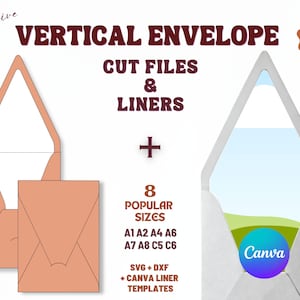 Peut inclure: Fichiers de découpe et doublures numériques pour enveloppes verticales en 8 tailles populaires, dont A1, A2, A4, A6, A7, A8, C5 et C6. Le graphique montre le contour d'une enveloppe pêche, une enveloppe grise avec une doublure paysage, et le texte Exclusive, Vertical Envelope Cut Files & Liners, Ready to Use et Canva.