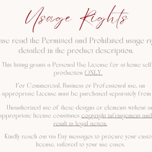 May include: A white informational graphic with red text and checkmarks. The header reads Usage Rights. The text outlines a personal use license for at-home production, requirements for commercial licenses, copyright warnings, and contact instructions.