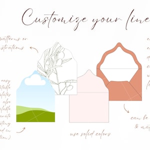 May include: Four open envelopes with pointed flaps displaying customization options. One features a landscape illustration, one an olive branch line drawing, one is solid light pink, and one is solid terracotta. Text reads Customize your liners.