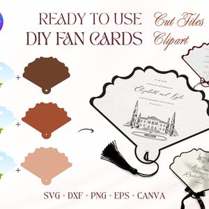 Könnte beinhalten: Digitale DIY-Fächerkartenvorlagen mit gewelltem Rand, einschließlich SVG-, DXF-, PNG-, EPS- und Canva-Dateiformaten. Das Design zeigt den Text READY TO USE DIY FAN CARDS, Cut Files, Clipart und SVG + DXF + PNG + EPS + CANVA.
