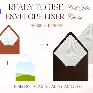 May include: Digital envelope liner cut files in SVG and DXF formats for Canva. Includes designs for score or deboss in eight sizes: A1, A2, A4, A6, A7, A8, C5, and C6. Features illustrations of envelopes with white fan-patterned liners and a landscape graphic.