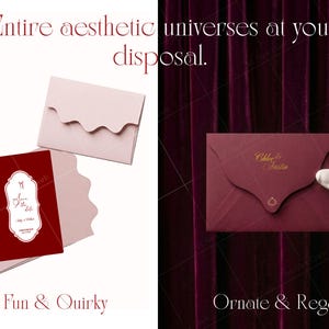 May include: A set of stationery featuring light pink scalloped envelopes and a deep red card with white text reading Save the Date, Chloe & Austin. A matching deep red envelope with gold text is also shown with a small gold emblem on the flap.