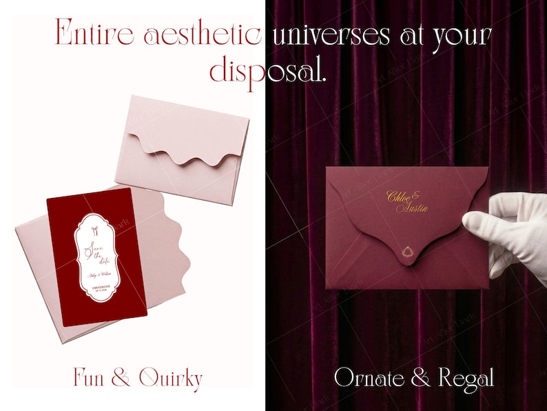 May include: A set of stationery featuring light pink scalloped envelopes and a deep red card with white text reading Save the Date, Chloe & Austin. A matching deep red envelope with gold text is also shown with a small gold emblem on the flap.