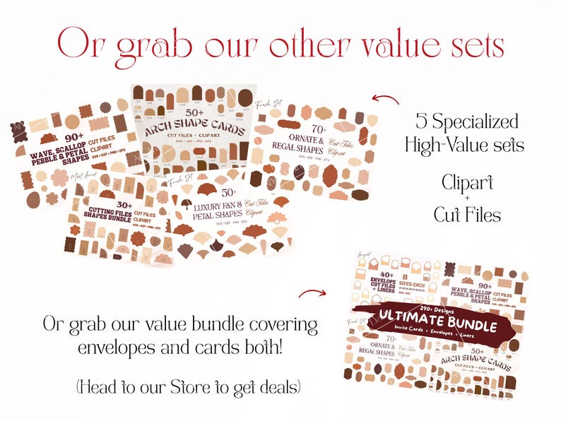 offer on bestselling sets and bundles of cut files and clipart for professional stationery design at home for craft cutting machines to make wedding invites, event stationery etc.
