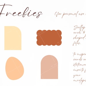 May include: A digital graphic featuring the text Freebies (for personal use only) and Scallop, arch & pebble shaped cut files. to inspire cards or stationery inserts for your envelopes. Includes four shapes in light yellow, terracotta, peach, and pink.