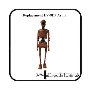 May include: A brown EV-9D9 robot figure with the text "Replacement EV-9D9 Arms" above it. The figure is standing upright with a detailed design. The logo "Forged in Fiction" is at the bottom.