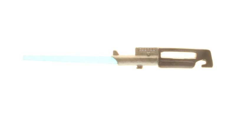May include: A silver and black lightsaber toy with a light blue blade. The lightsaber has a handle with a button and a small hole on the side.