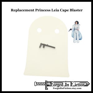 May include: White plastic cape for a Star Wars action figure. The cape has two holes for the figure's shoulders. A gray plastic blaster pistol is included.