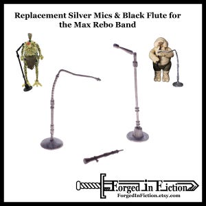 May include: Replacement silver microphones and a black flute for the Max Rebo Band. The image shows two silver microphones, a black flute, and two character figures. The text "Forged In Fiction" is also visible.