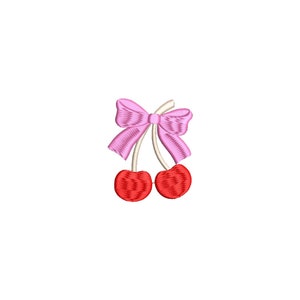 May include: Two red cherries with green stems tied together with a pink bow.