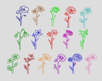 Individuele 16 mini bloemen machine borduurwerk ontwerpset, 5 maten, wilde bloemen geborduurd, lijntekeningen borduurwerk, botanische blad doodle, weide