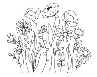 Wiesenblumen, Maschinenstickerei, 13 Größen, Wiese Wilde Blumen Embroidey, Line Art Stickerei, Botanisches Blatt Doodle