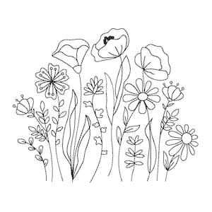 Op de afbeelding: Een zwart-witte lijntekening van een boeket bloemen. De bloemen zijn gestileerd en omvatten klaprozen, madeliefjes en andere wilde bloemen.