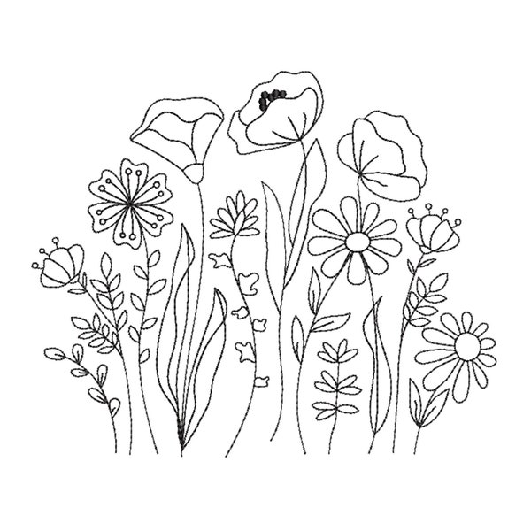 Wiesenblumen, Maschinenstickerei, 13 Größen, Wiese Wilde Blumen Embroidey, Line Art Stickerei, Botanisches Blatt Doodle