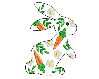 Può includere: Un contorno di coniglio bianco riempito con un motivo di foglie verdi, carote arancioni e fiori bianchi.