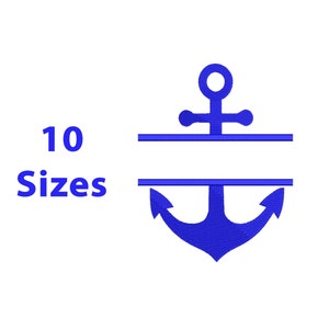 Op de afbeelding: Blauw anker gesplitst monogram borduurontwerp. Het anker is in tweeën gesplitst met ruimte voor een naam of initialen. Het ontwerp is verkrijgbaar in 10 maten.