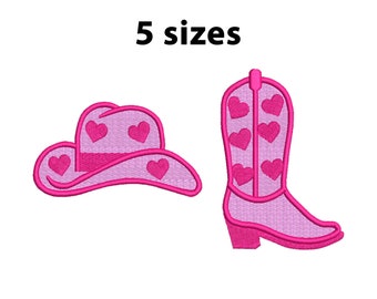 2 Individual Cowgirl Boot and Hat Machine Embroidery Design, 5 sizes, cowgirl hat embroidery design,pink cowgirl boot embroidery design