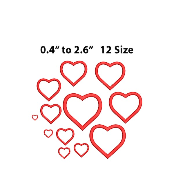 Mini Heart Outline Embroidery Designs, 12 Sizes, Tiny Satin Outline Heart Machine Embroidery Design, Heart Satin Stitch, Heart Valentine