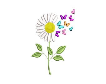 Daisy with Butterfly Embroidery Design, 15 Sizes, Daisy Machine Embroidery File, Mini Butterfly Embroidery Design, Flower Embroidery Design
