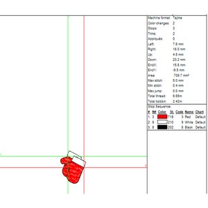 Pode incluir: Uma luva bordada em vermelho e branco com contorno preto. A imagem inclui um gr&aacute;fico com detalhes sobre o design do bordado, incluindo a cor, o c&oacute;digo do ponto e o nome.