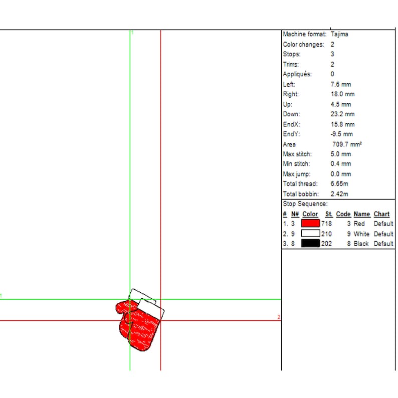 Pode incluir: Uma luva bordada em vermelho e branco com contorno preto. A imagem inclui um gr&aacute;fico com detalhes sobre o design do bordado, incluindo a cor, o c&oacute;digo do ponto e o nome.