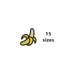 Puede incluir: Un diseño de bordado que muestra una banana amarilla con un contorno negro grueso. A la derecha de la banana, el texto "15 sizes" está impreso en una fuente negra, negrita y sin remates. El diseño se presenta sobre un fondo blanco liso.