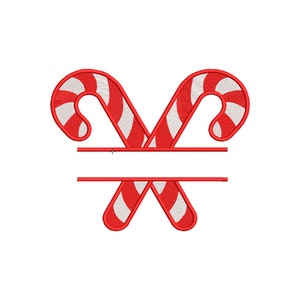 May include: Two red and white candy canes are crossed over each other with a space in the middle for a name. The candy canes are a traditional Christmas decoration.