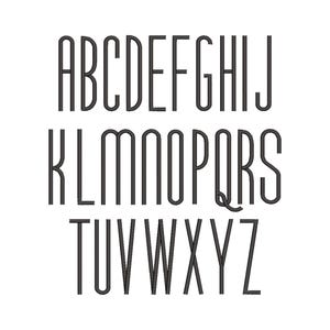 May include: A complete alphabet in a tall, narrow, sans-serif font. The letters are dark gray against a white background. The font style is modern and minimalist, suitable for various design applications.