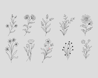 10 Wild Flowers Machine Embroidery Designs, 5 sizes, Meadow Flowers Embroidey, Line Art Embroidery, Botanical Leaf Doodle