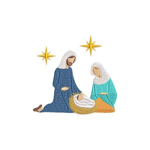Könnte beinhalten: Eine blaue und weiße Illustration der Weihnachtsgeschichte mit Maria, Josef und dem Jesuskind in einer Krippe. Zwei goldene Sterne sind im Hintergrund.