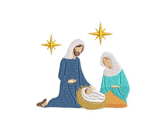 May include: A blue and white illustration of the nativity scene with Mary, Joseph, and baby Jesus in a manger. Two gold stars are in the background.