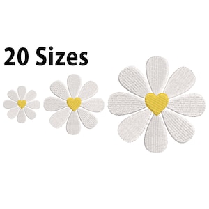 Diseño de bordado de margaritas de corazón, desde mini hasta grandes, 20 tamaños, archivo de bordado de margaritas, diseño de bordado de mini flores, caja incluida, archivo BX