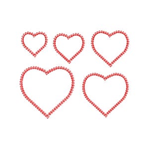 May include: Five red heart-shaped frames made of small red triangles. The frames are of different sizes and are arranged in a staggered pattern.