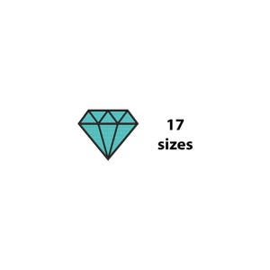 May include: A teal diamond shape with black outlines, featuring a textured interior. The text "17 sizes" is displayed in black, next to the diamond. The image is set against a white background.