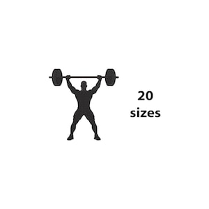 May include: Silhouette of a weightlifter lifting a barbell overhead. The image is in black and white, with the text "20 sizes" in the lower right corner. The barbell has two weight plates on each end.