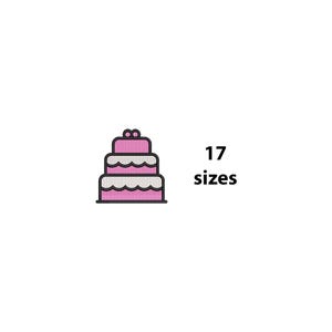 May include: A three-tiered cake embroidery design featuring pink layers with white scalloped frosting details and two small circles on top. The text 17 sizes is displayed in black to the right of the cake illustration.