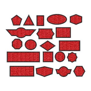 May include: A collection of red, textured patches in various geometric shapes, including triangles, rectangles, circles, and more complex designs. Each patch has a black border, creating a contrasting outline against the vibrant red.