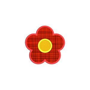 Könnte beinhalten: Ein rotes, blumenförmiges Design mit gelbem Zentrum. Die Blume hat fünf abgerundete Blütenblätter und ein Karomuster. Das Zentrum ist ein gelber Kreis mit strukturierter Oberfläche. Die Blume ist vor einem weißen Hintergrund platziert.